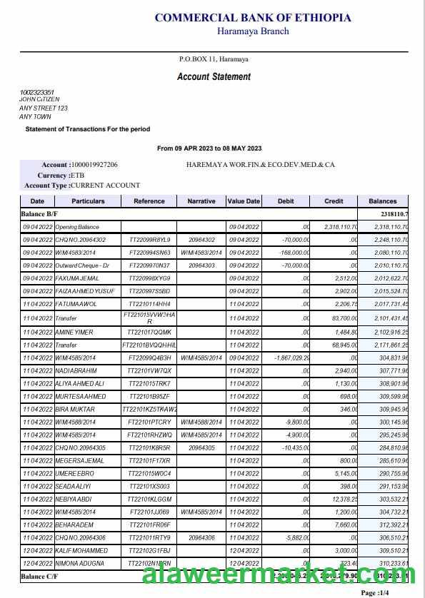 Ethiopia Commercial Bank of Ethopia bank statement template, Word and PDF format, 4 pages